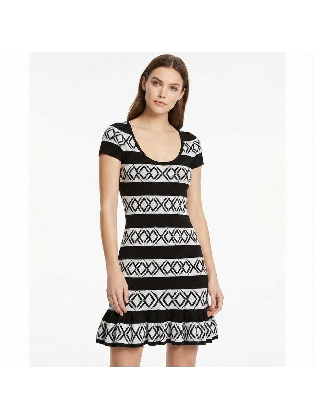REBECCA MINKOFF Merino Wool Blend Bodycon Ruffle Hem Scoop Neck Mini  Dress Sz S